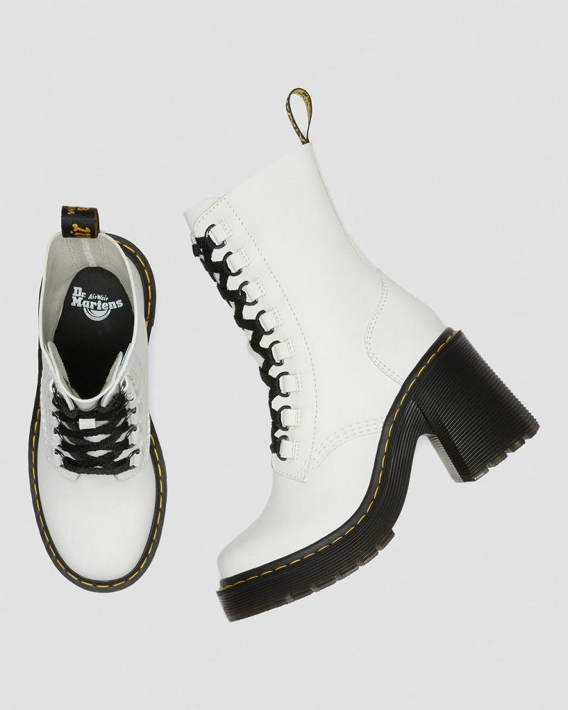 Dr Martens Chesney Lær Flared Heel Støvler Med Hæl Dame Hvite | Norge 633RVD